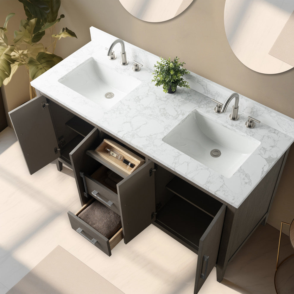 Vanity Art Bathroom Vanity With Sink, Driftwood Gray, 60", Double Sink, Brushed Nickel