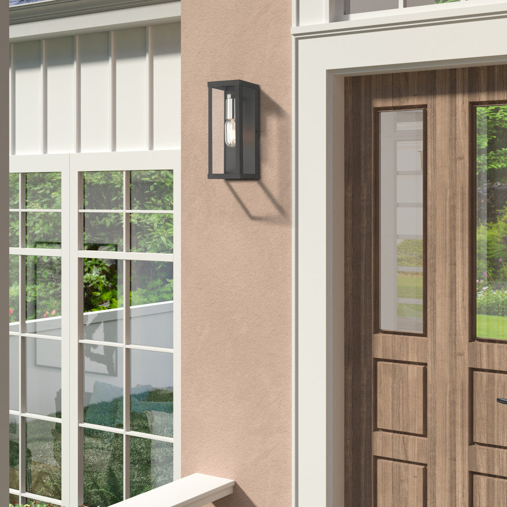 Gaffney 1-Light Black Outdoor ADA Medium Wall Lantern, Brushed Nickel Accents