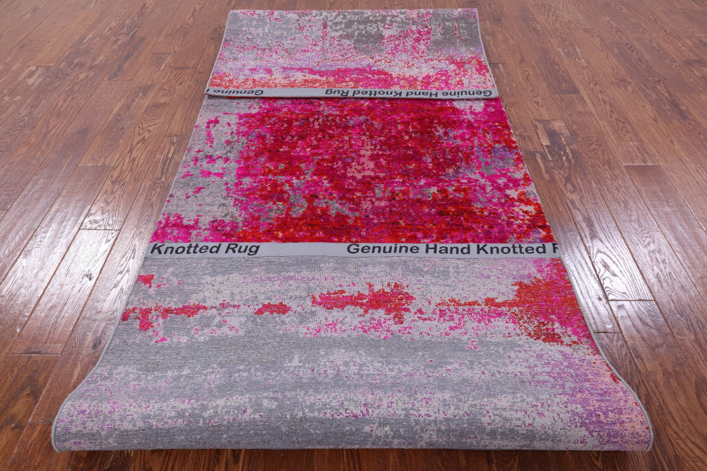 3' 11" X 11' 10" Abstract Handmade Wool and Silk Runner Rug Q9076