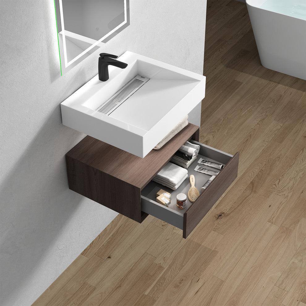 Alysa 24" Floating Bath Vanity, Acrylic Sink/Single Faucet Hole, Red Oak