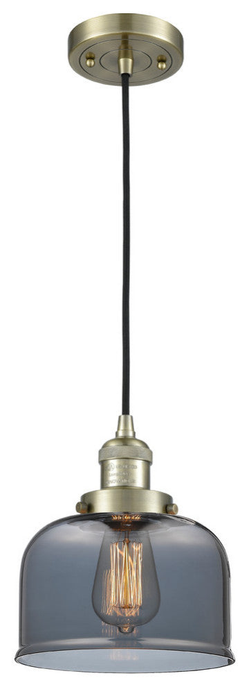 1-Light Large Bell 8" Pendant, Antique Brass, Glass: Plated Smoked