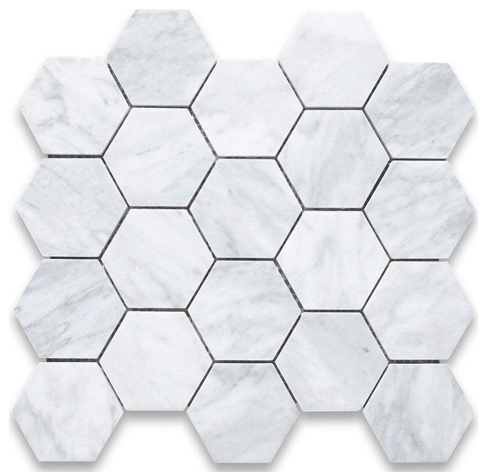 Carrara Marble Hexagon Mosaic Tile Venato Carrera White 3 inch Honed, 1 sheet