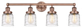 Small Bell 4-Light 34" Vanity Light, Antique Copper Finish, Clear Deco Swirl