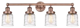 Small Bell 4-Light 34" Vanity Light, Antique Copper Finish, Clear Deco Swirl
