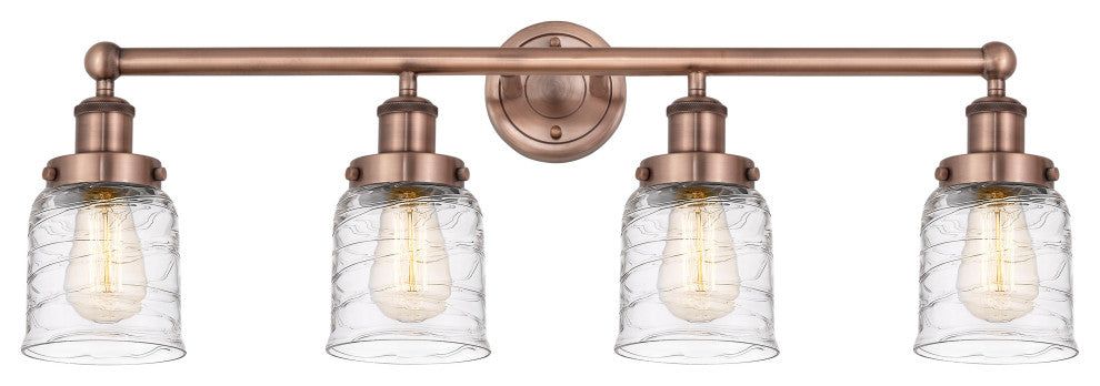 Small Bell 4-Light 34" Vanity Light, Antique Copper Finish, Clear Deco Swirl