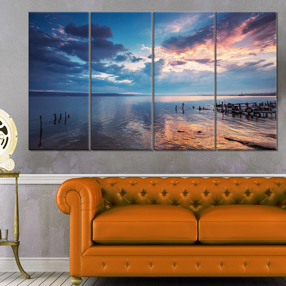 Dramatic Sky Over Sunset Lake, Large Landscape Canvas Art, 48"x28", 4 Panels