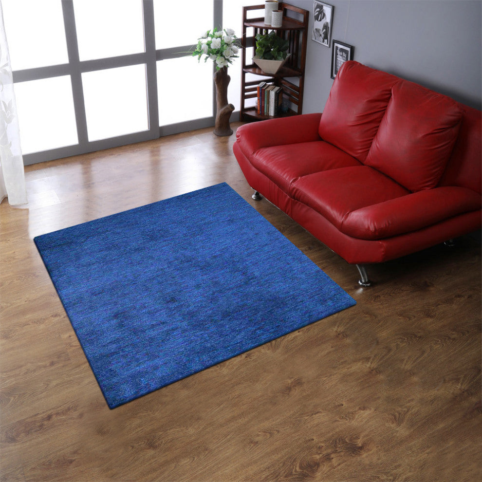 Hand Knotted Loom Silk Mix Area Rug Solid Dark Blue