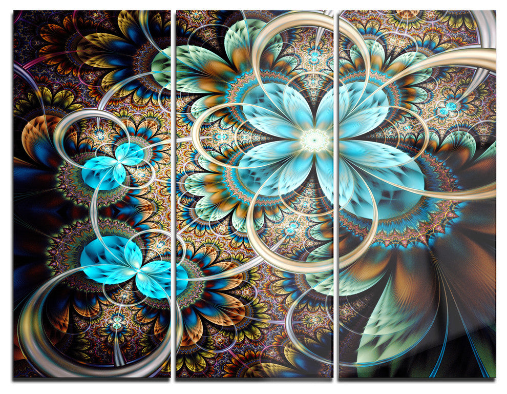 "Colorful Fractal Flowers With Blue Shade" Metal Wall Art, 3 Panels, 36"x28"