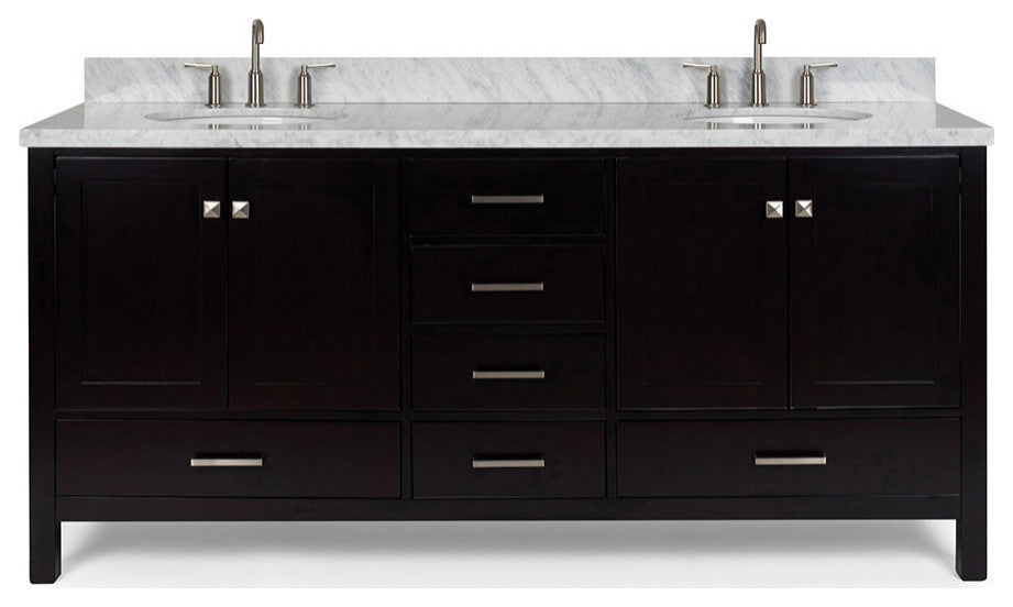 ARIEL Cambridge 73" Double Oval Sinks Bathroom Vanity Espresso with Marble Top