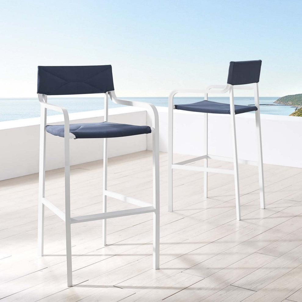 Bar Side Stool Chair, Set of 2, Aluminum, Metal, White Blue Navy, Outdoor