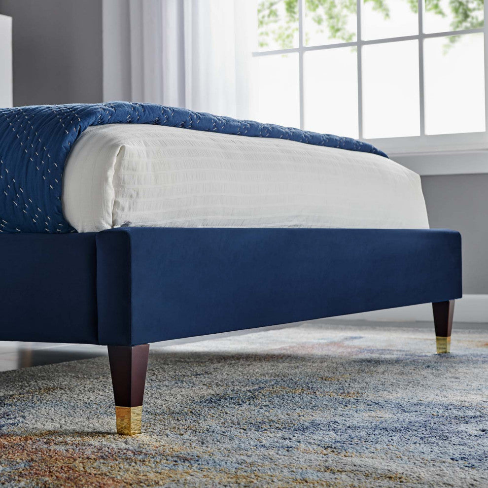 Platform Bed Frame, Queen Size, Blue Navy, Velvet, Modern, Bedroom Guest Suite