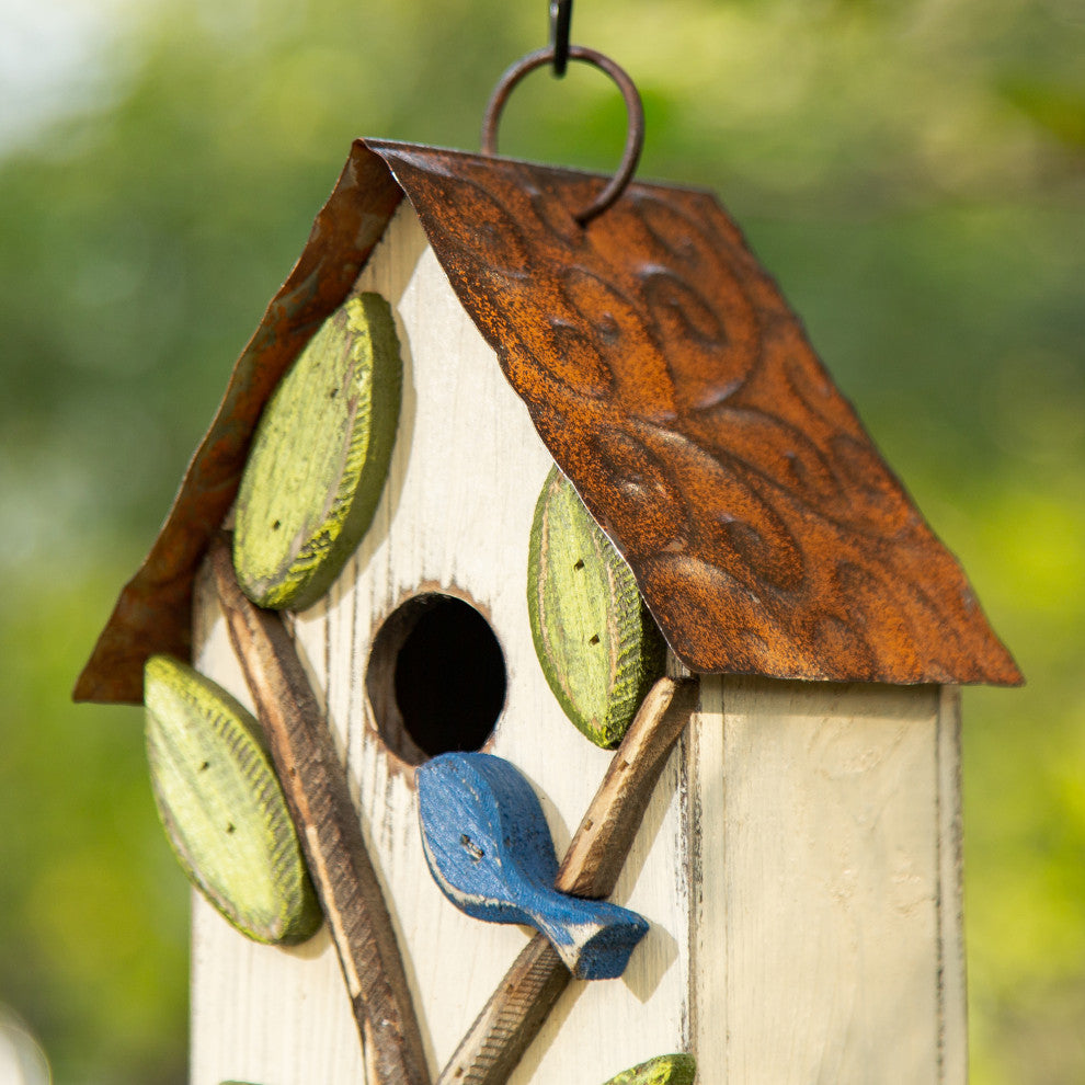 9.75"H Washed White Distressed Solid Wood Birdhouse With 3D Tree and Bird