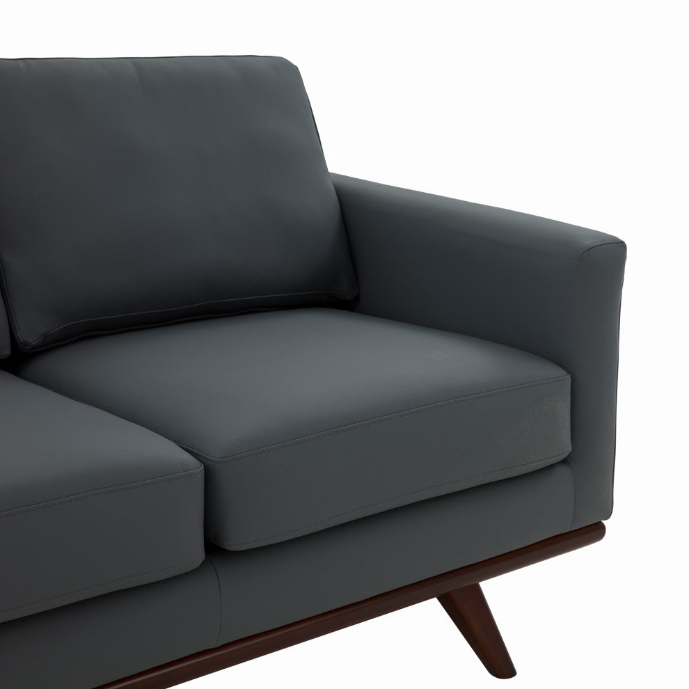 LeisureMod Chester Modern Leather Loveseat With Birch Wood Base, Gray