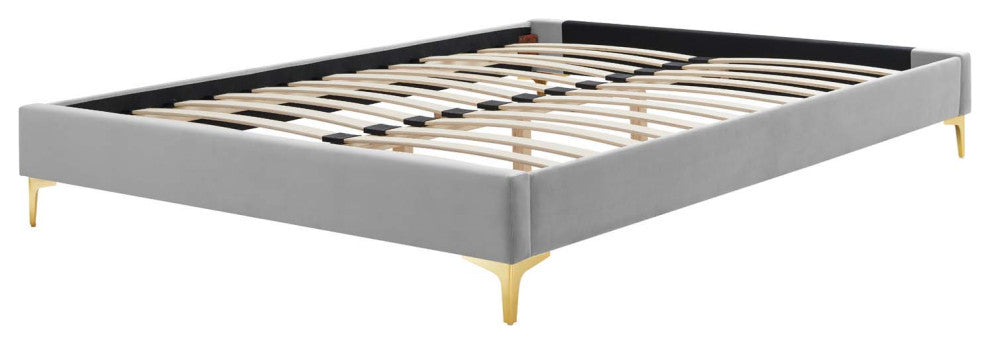 Platform Bed Frame, King Size, Velvet, Light Gray, Modern Contemporary