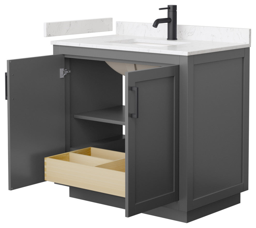 36"SGL Vanity Dark Gray, Light-Vein Carrara Cult. Marble Top, Sink, Black Trim