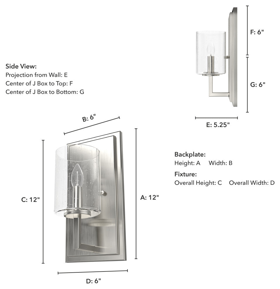 Hunter Kerrison Brushed Nickel, Clear Seeded Glass 1 Light Sconce Wall Light