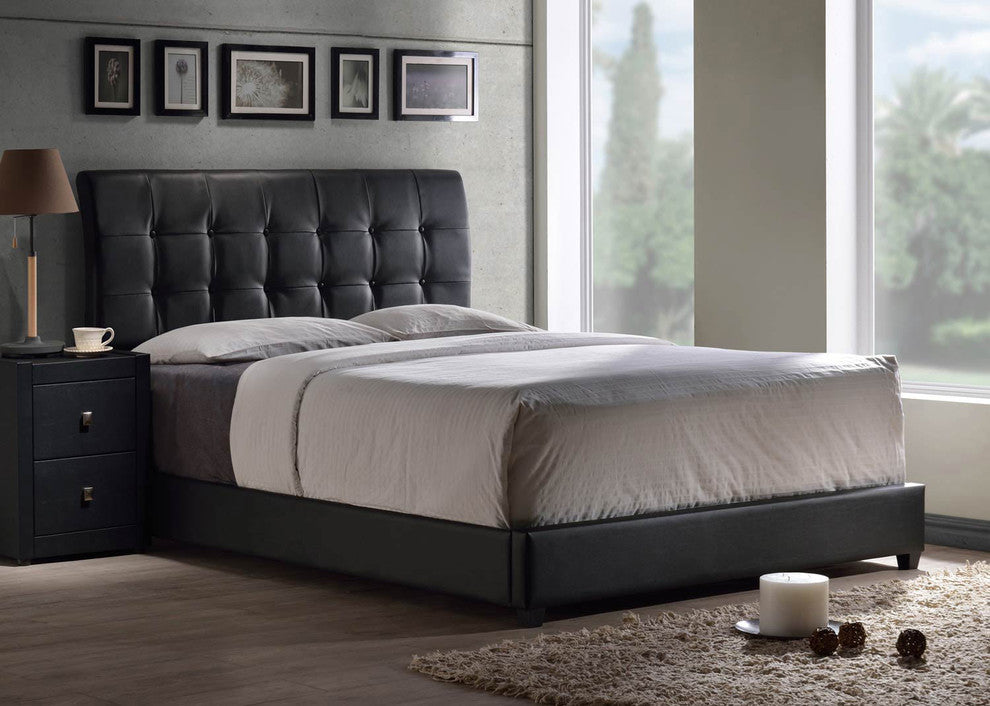 Lusso Queen Bed Set With  Rails- Black Faux Leather