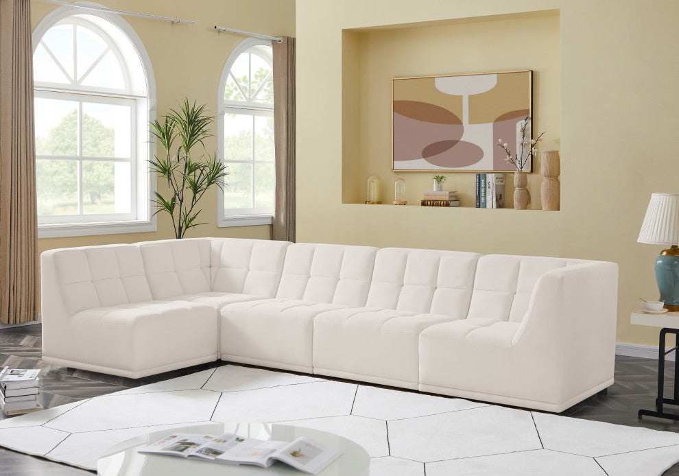 Relax Velvet Upholstered 5-Piece L-Shaped Modular Sectional, Cream
