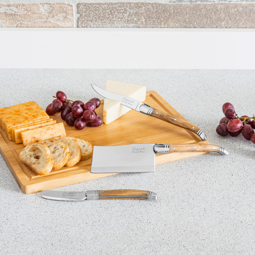 French Home Connoisseur Laguiole Olive Wood Knives and Bamboo Cheese Board