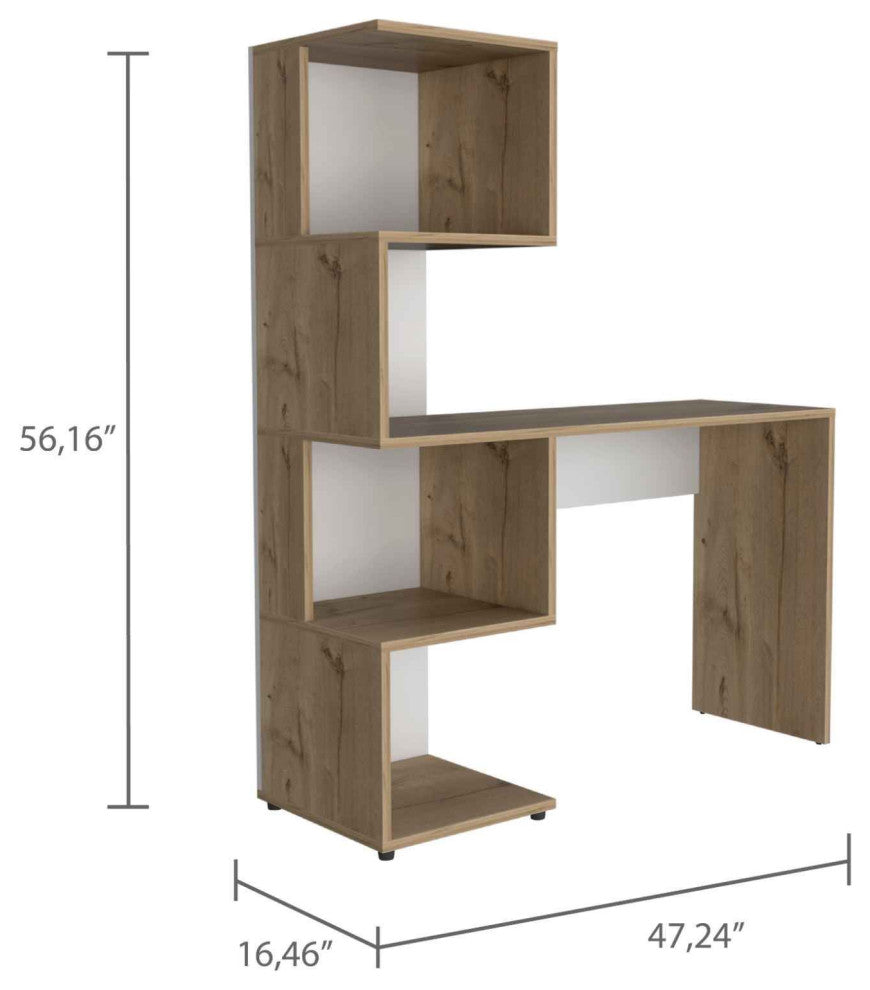 Lincoln Desk with Bookcase and 4 Storage Shelves, Light Oak/White