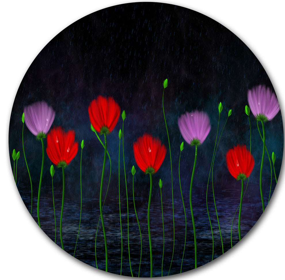 Rain And Flowers With Buds And Drops, Floral Art Disc Metal Art, 11"