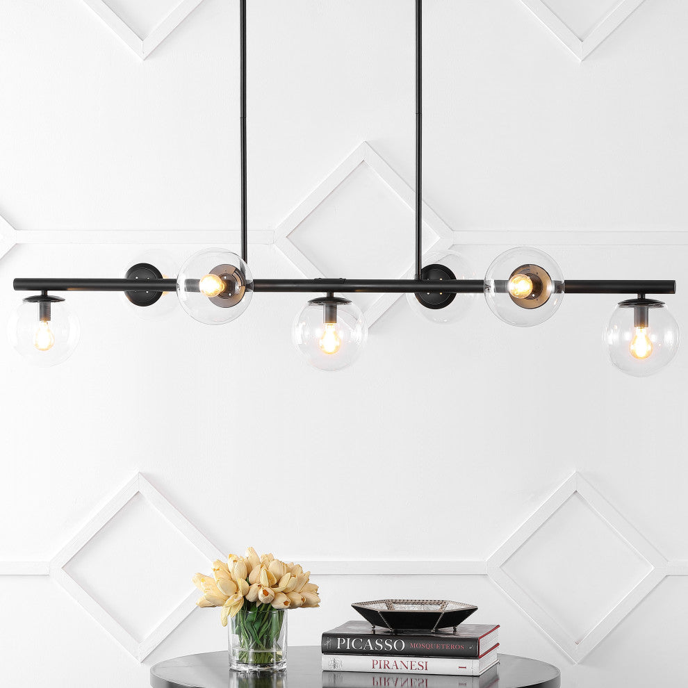 Luca Parisian 53" 7-Light Modern Glam Iron Globe Linear LED Pendant, Black/Clear