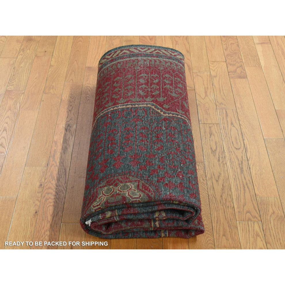 Green, Vintage Look Mamluk, Zero Pile, Worn Wool, Hand Knotted Rug, 6'x9'