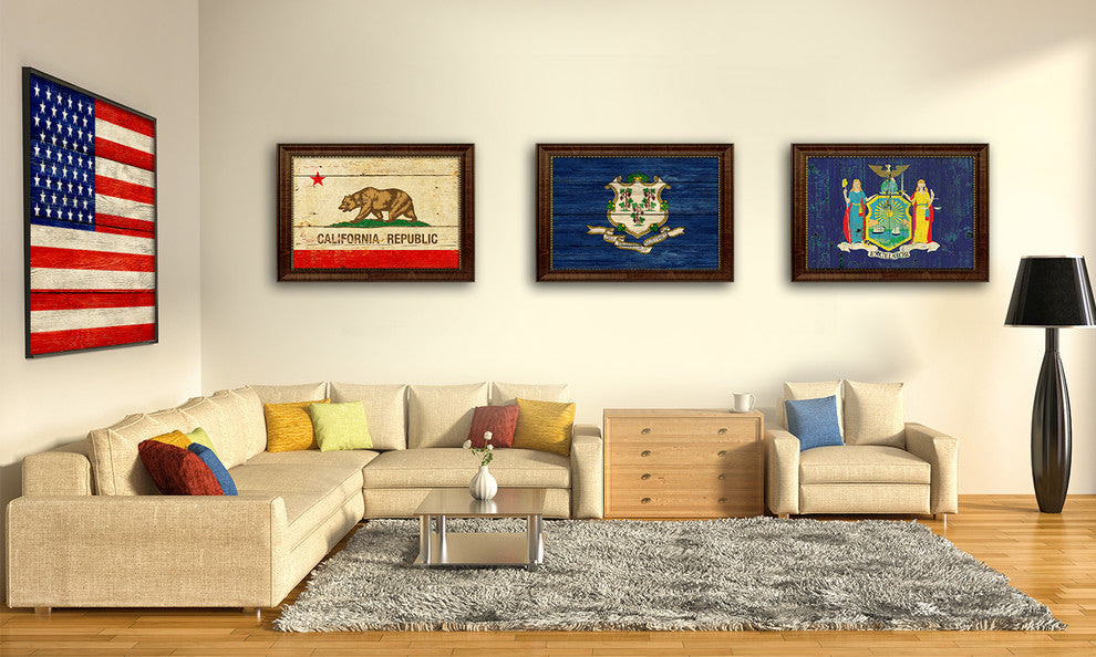 Connecticut State Textured Flag Print With Brown Gold Frame, 19"X27"
