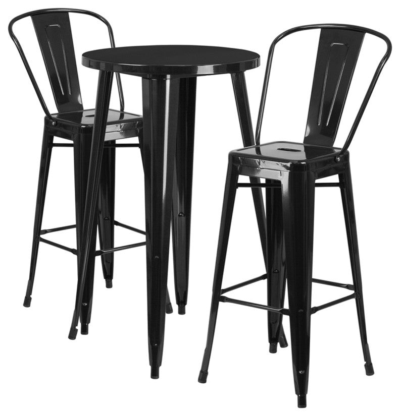 24'' Round Black Metal Indoor-Outdoor Bar Table Set With 2 Cafe Barstools