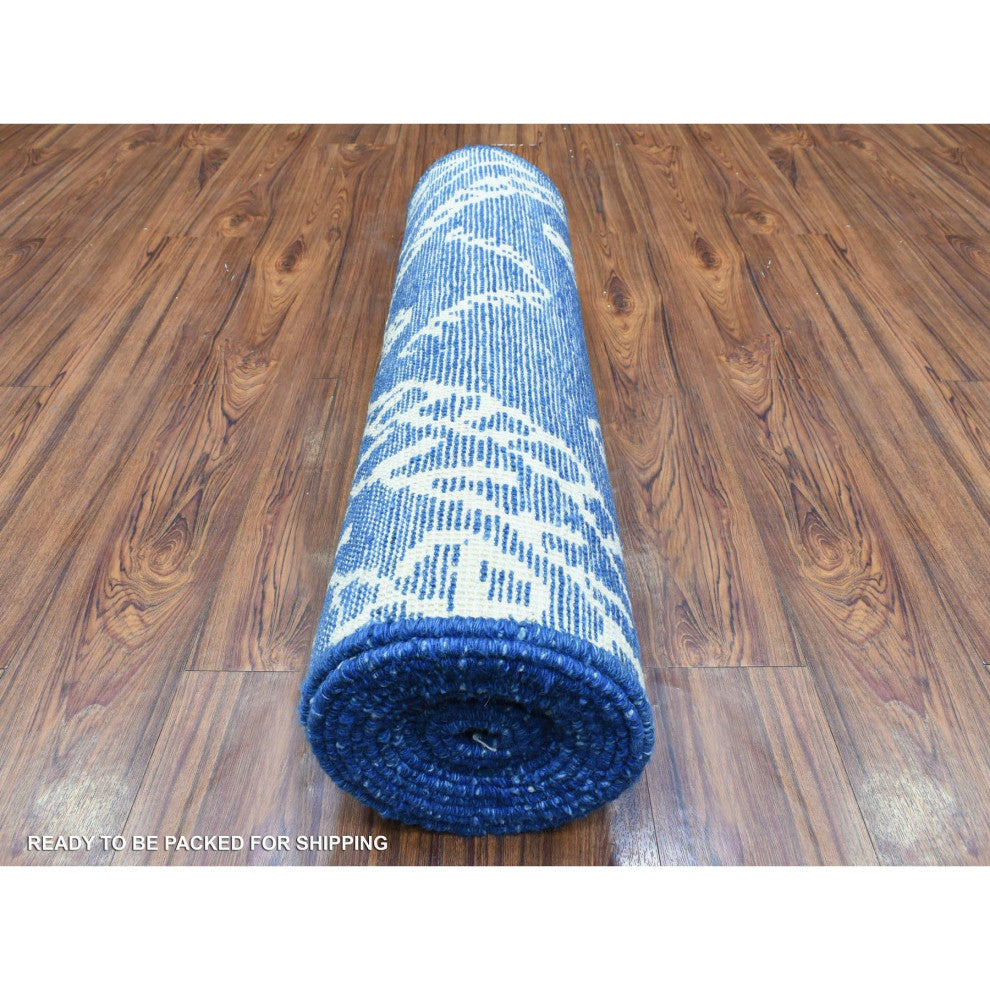 Blue, Wool Hand Knotted, Boujaad Moroccan Berber Design Runner Rug, 2'8"x15'4"