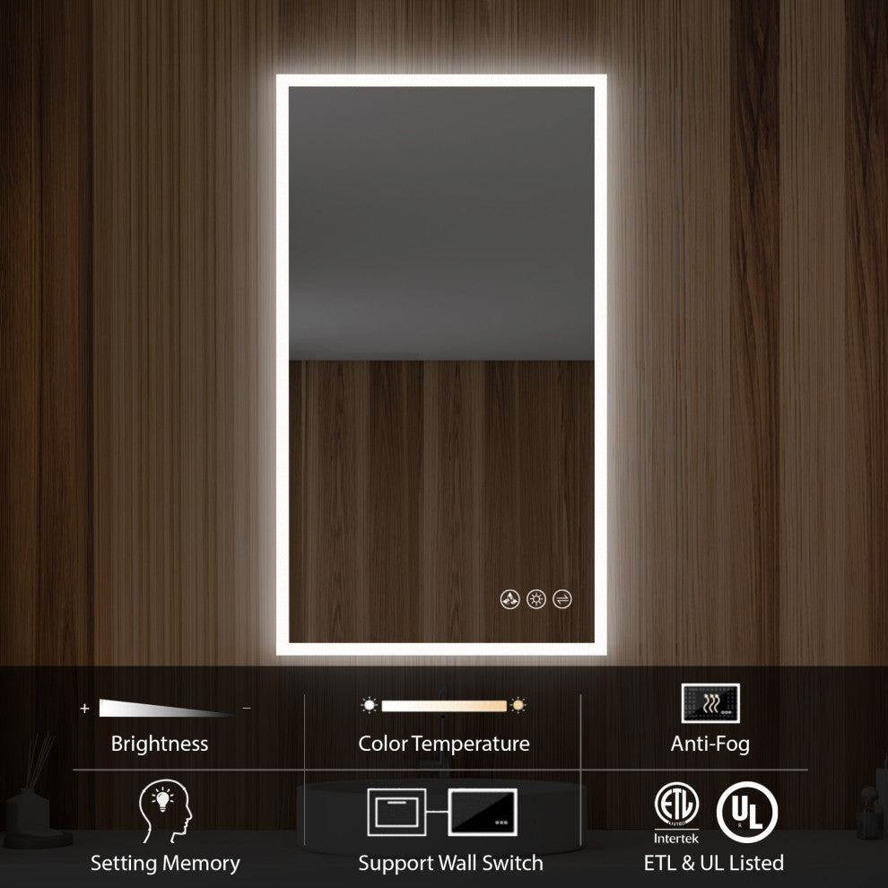 Fogless, Dimmable, Color Temperature Adjustable LED Mirror, 21x36