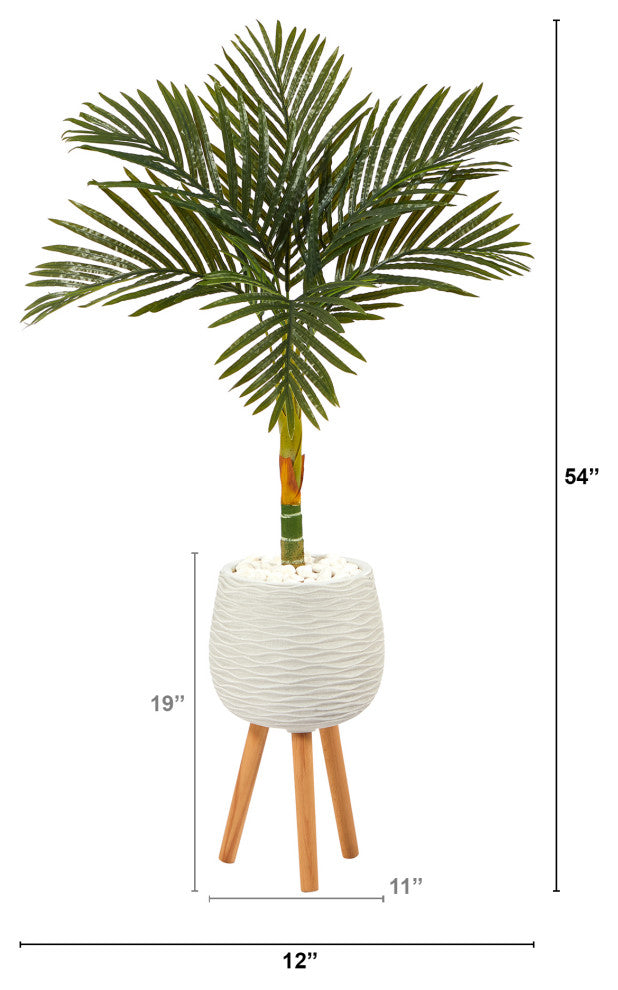 4.5' Golden Cane Artificial Palm Tree, White Planter With Stand