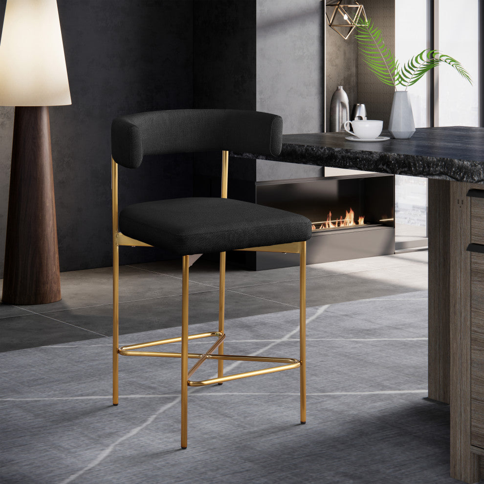 Rivage Durable Linen Textured Fabric Stool (Set of 2), Black, Brushed Gold