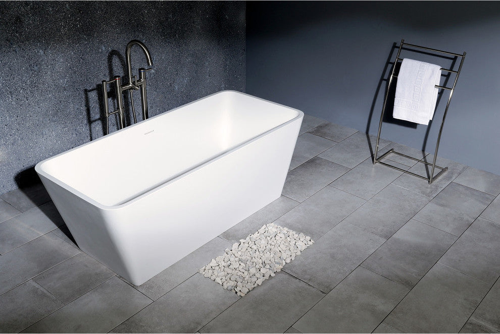 59" Solid Surface White Stone Freestanding Rectangular Tub w/Drain, Matte White