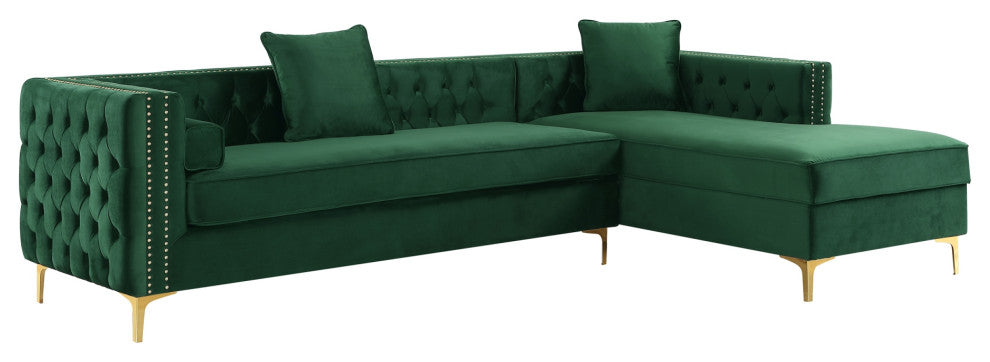 Jeannie Velvet Tufted With Nailhead Trim Sectional, Hunter Green, Right Facing