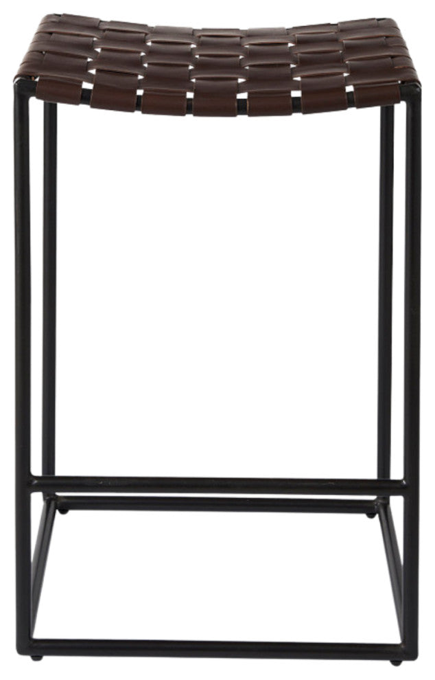 Clarissa Dark Brown Woven Leather Seat with Black Iron Frame Counter Stool