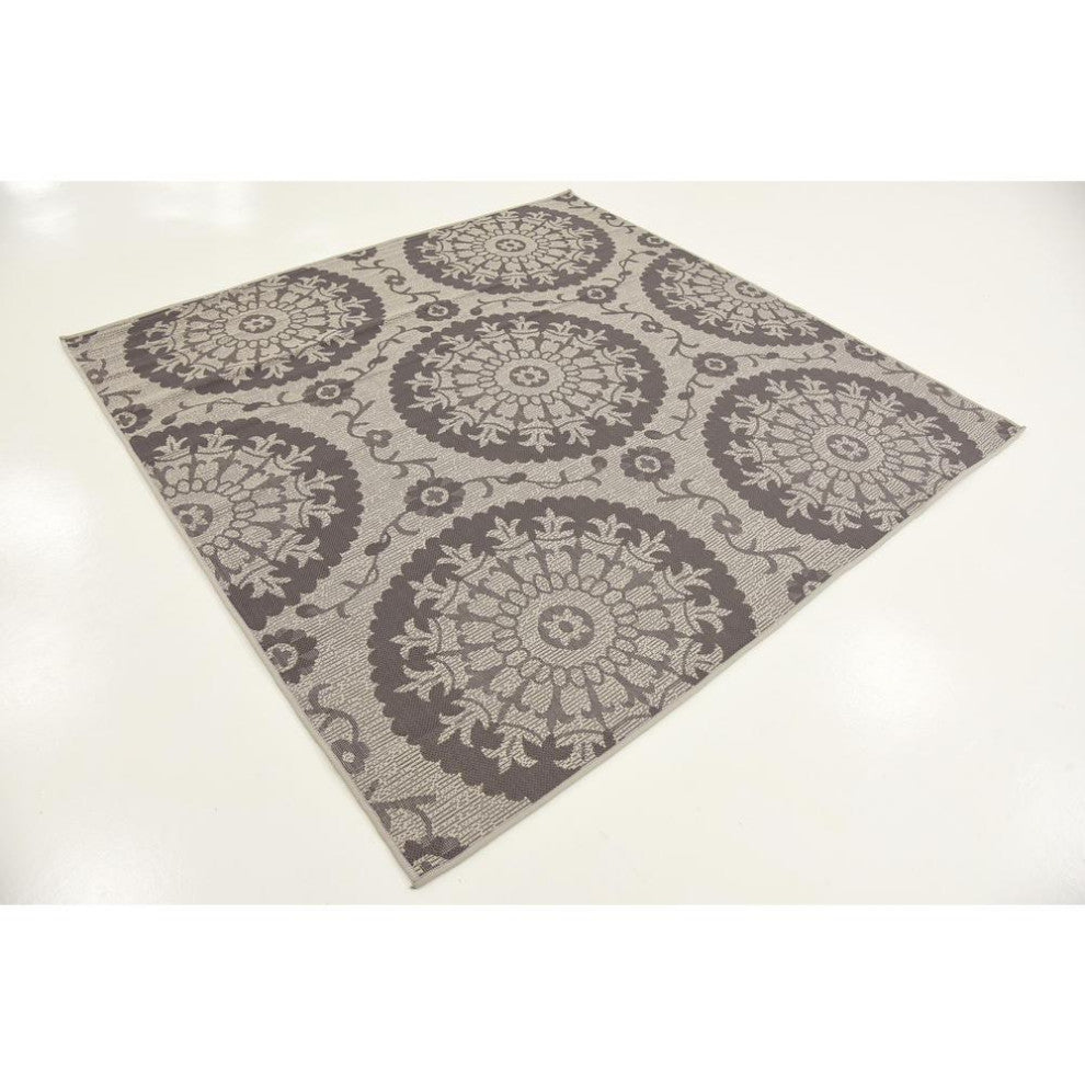 Rug Unique Loom Outdoor Botanical Gray Square 6' 0 x 6' 0