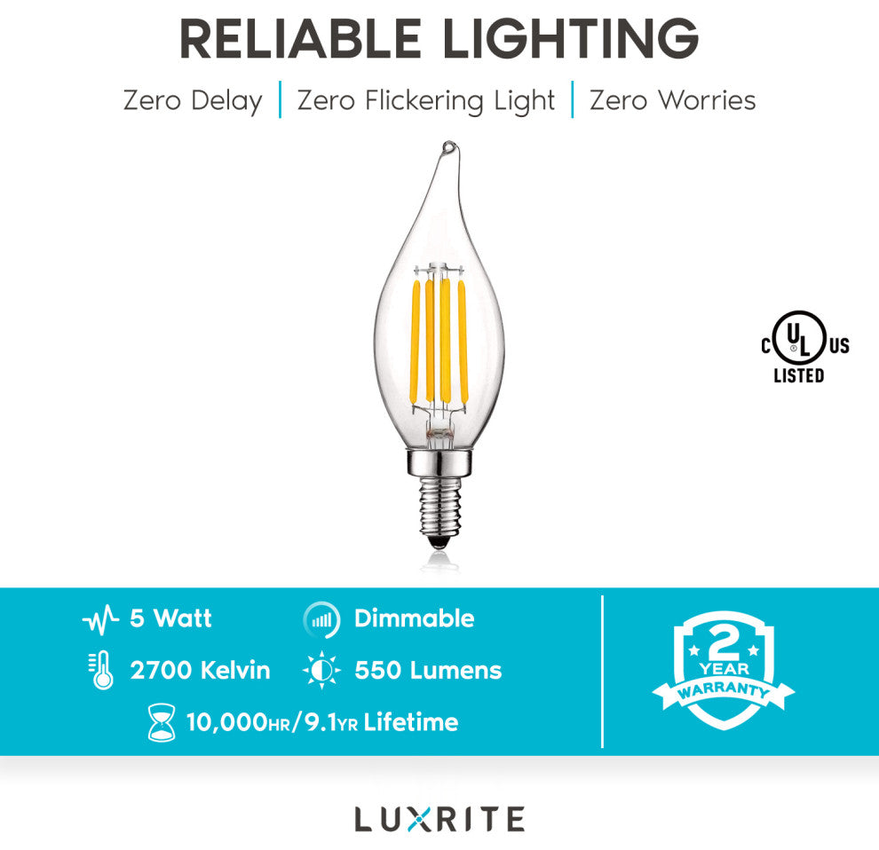 Luxrite Candelabra LED Bulb Warm White 5W Dimmable E12 24 Pack