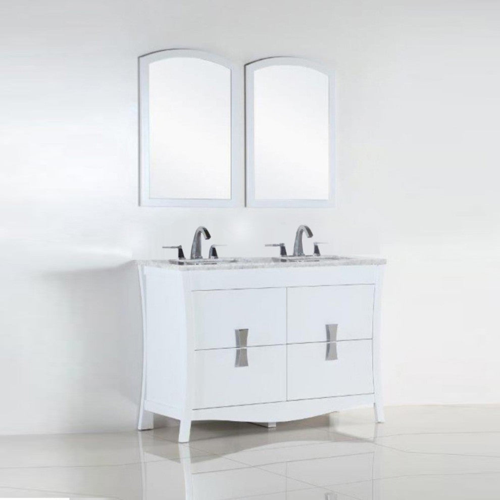 48" Double Sink Vanity, White With White Carrara Top