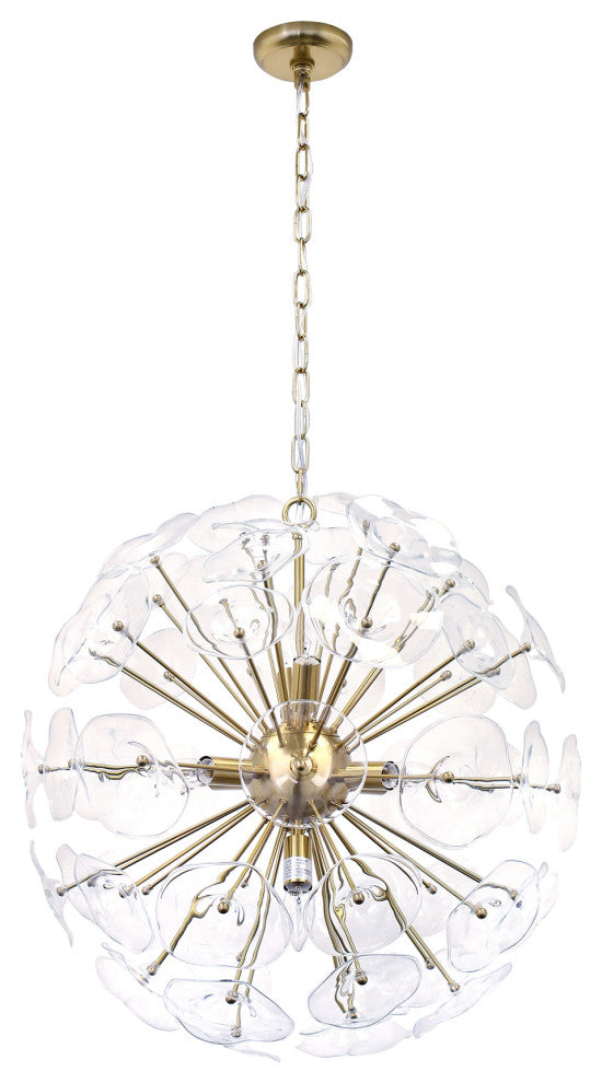 Portia Sputnik Satin Brass Orb Chandelier With Clear Glass Tiles, 24" Round
