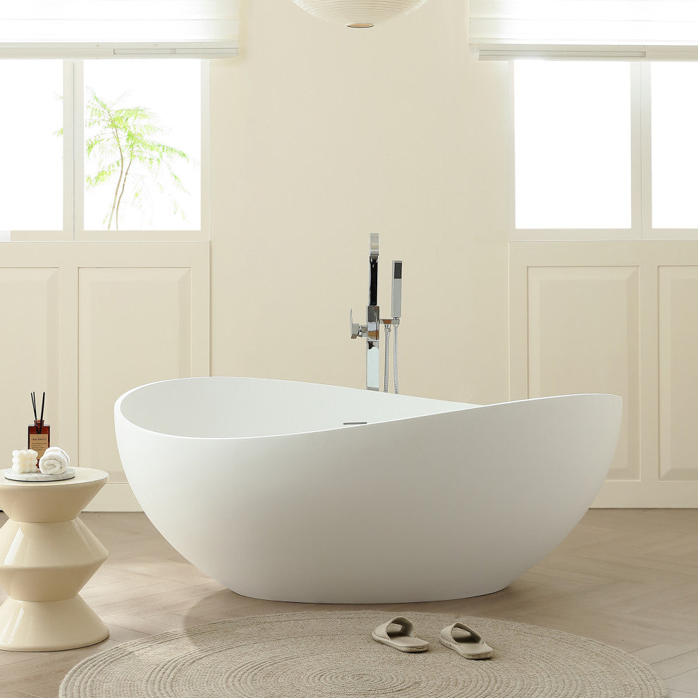 63" Wave-Shaped Stone Resin Matte Freestanding Bathtub, White