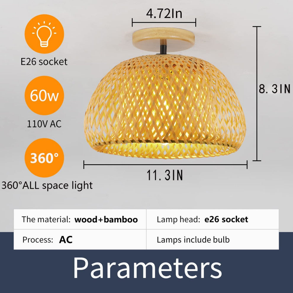 Bamboo Semi Flush Mount Ceiling Lamp, Boho Ceiling Light Fixture