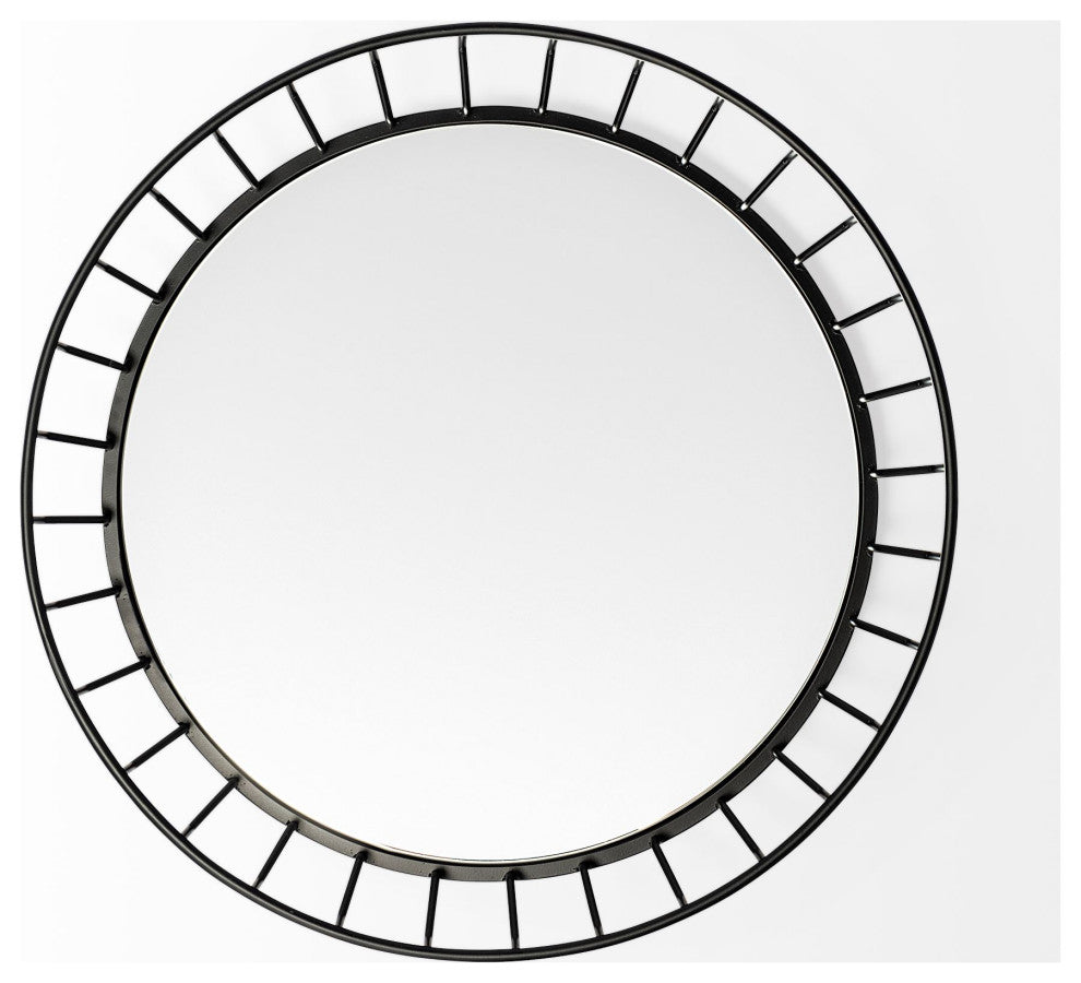 HomeRoots 20" Matte Black Wavy Metal With Mirrored Glass Bottom Round Tray