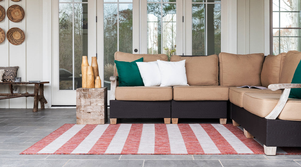 Unique Loom Aqua Blue Striped Outdoor Area Rug, Rust Red, Beige, 5' X 8'