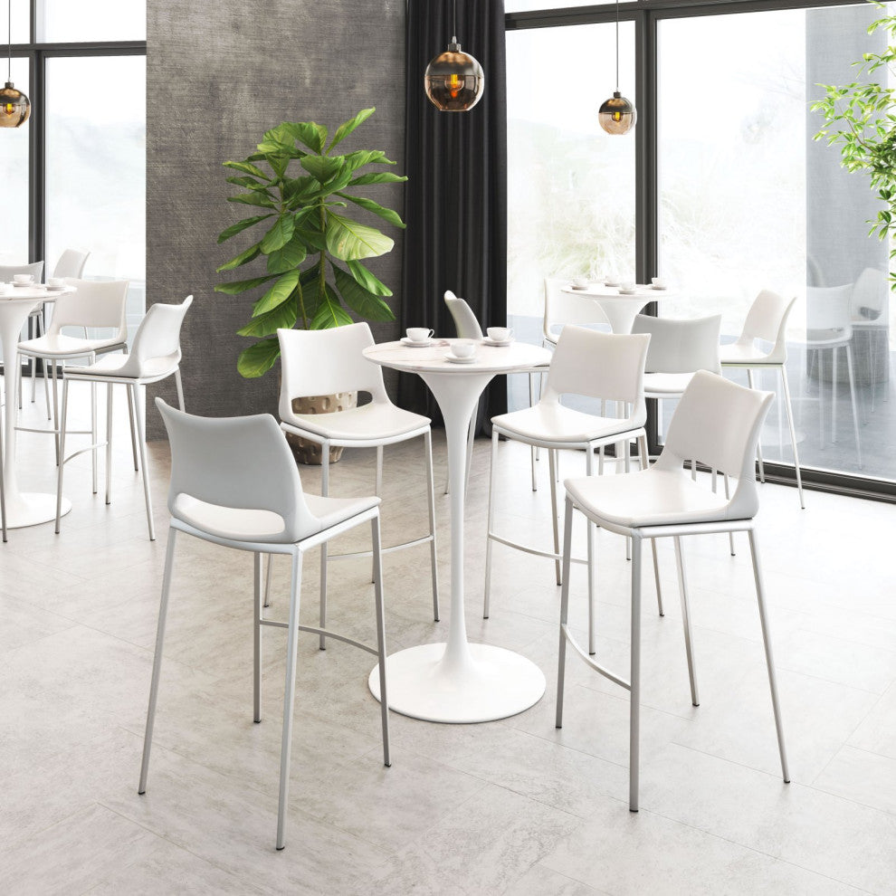 Bar Stool Chair Barstool, Set of 2, Faux Vinyl Leather, Steel, White, Silver