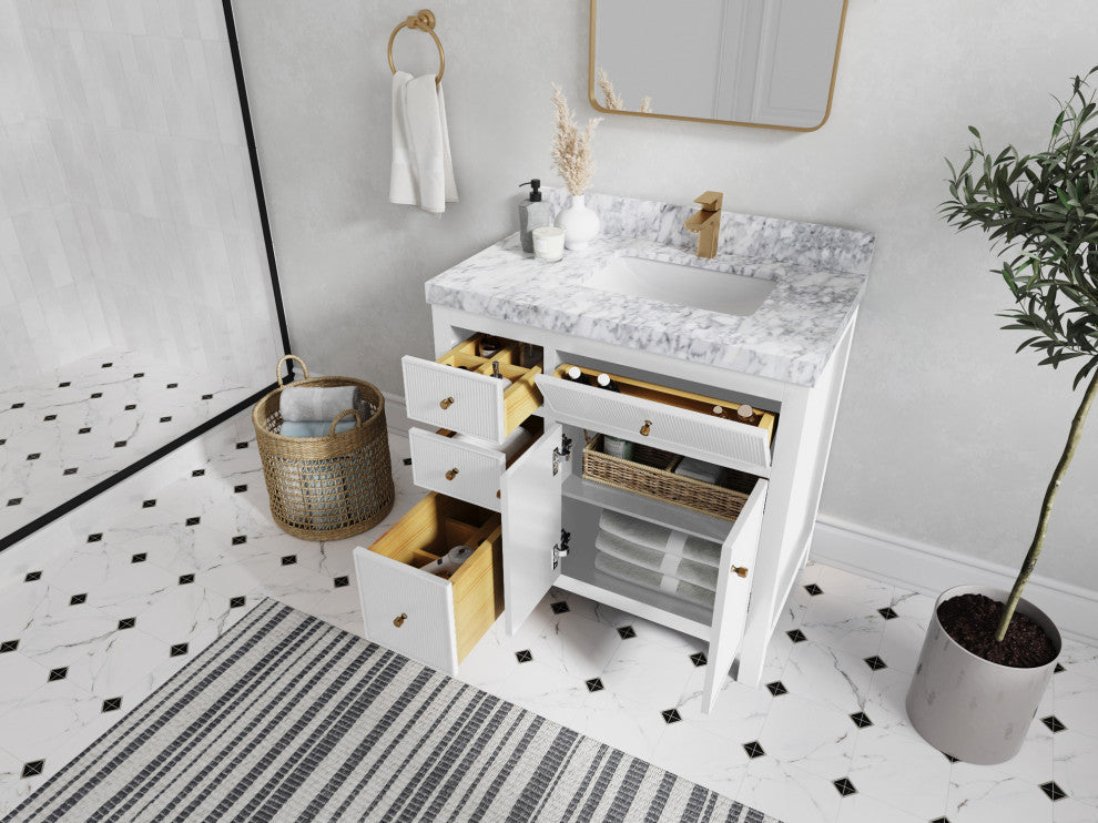 Sonoma 36 Right Offset Reeded  Bath Vanity in White 2" Carrara Quartz