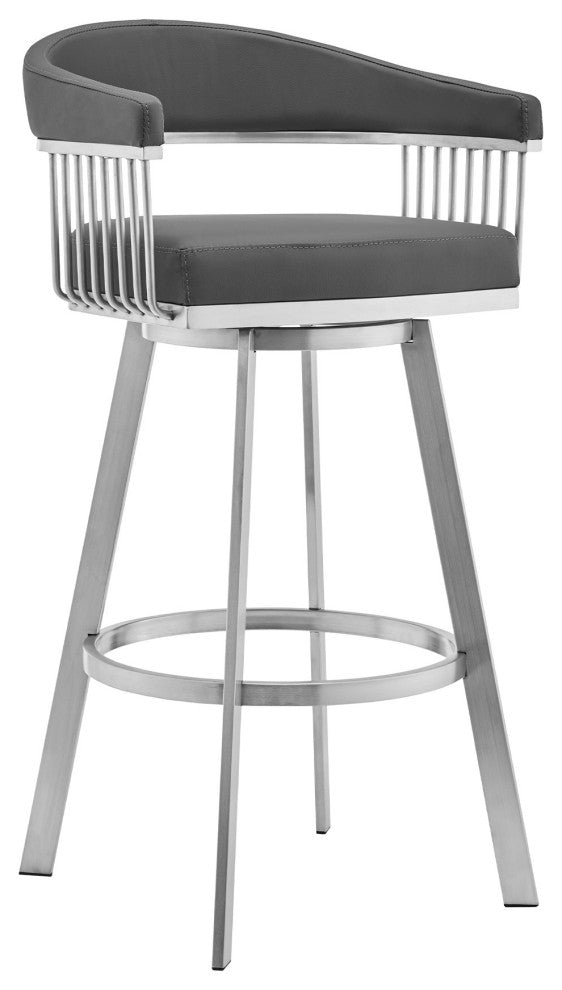 30" Mod Gray Faux Leather Brushed Silver Finish Swivel Bar Stool