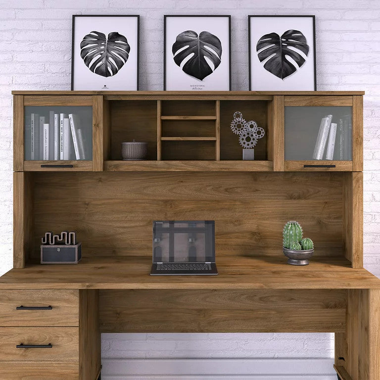 Modern Hutch, Open Shelves & Cabinets With Frosted Glass Doors, Fresh Walnut