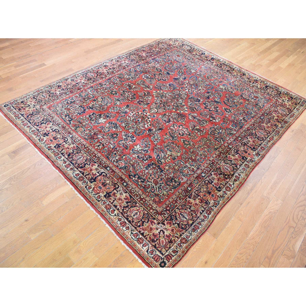 Tomato Red, Persian Sarouk Soft Wool Hand Knotted Oriental Rug, 7'10" x 9'10"
