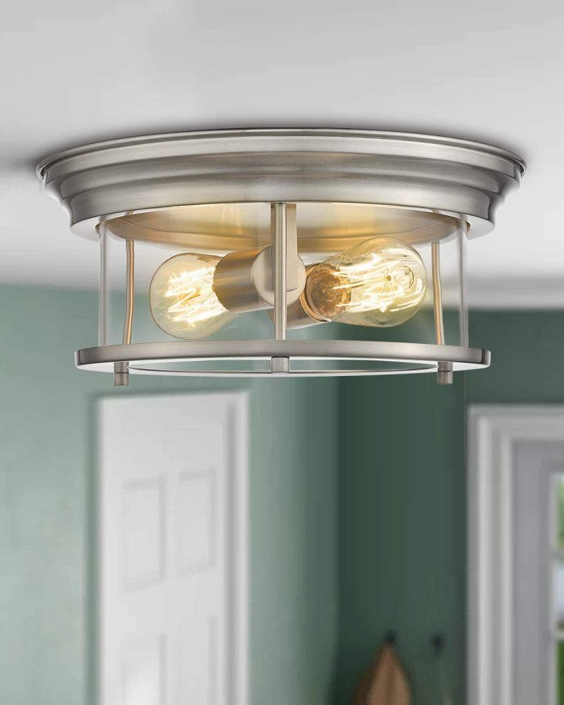 2 Light Glass Ceiling Light, Round, Nickel